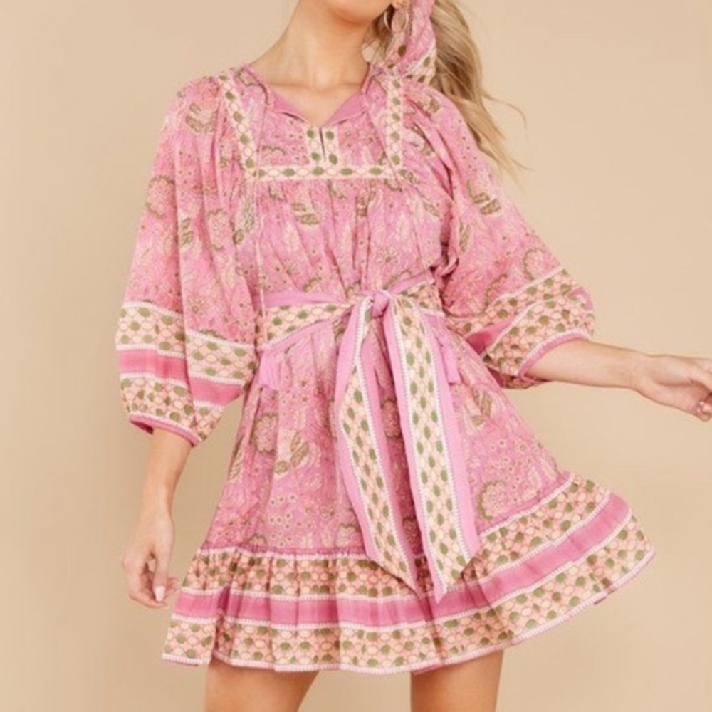 💕 CLEOBELLA Magdalena Mini Boho Barbie Dress ~ Pink Floral Block Print S Small